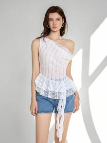 Ardnt Áo kiểu lệch vai, viền ren, vạt áo xếp lớp, kiểu dáng ngọt ngào và thời trang cho mùa hè dành cho nữ. - trắng - Xem 4