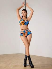 Menodora SHEIN Sport Menodora SHEIN Sport Sous-vêtements de sport à la mode pour femmes avec motif tie-dye et imprimé intégral, avec découpes ajourées - Bleu azur - Voir 5
