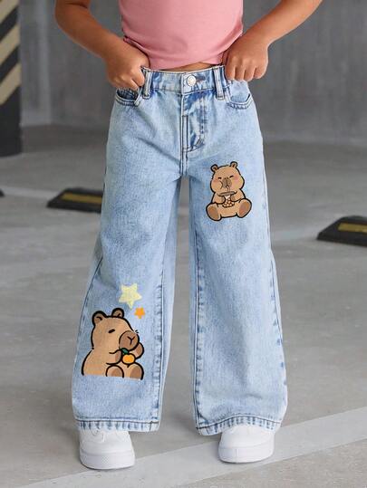 Young Girls' Cute Cartoon Animal Print Denim Jeans, Casual & Fashionable, Versatile For Various Occasions Like Vacation, Outing, Party, School, Straight Leg Jeans, Spring/Summer