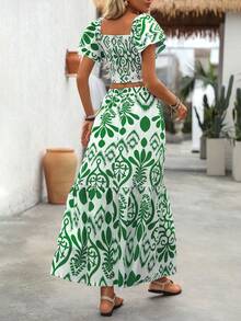 Breezaya Women's Summer Vacation Allover Print Ruffle Hem Crop Top And Skirt 2 Pieces Set - Green - View 2