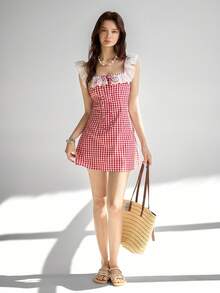 Ardnt 复古红色格子甜美蕾丝领修身休闲通勤连衣裙，女士夏季 - 酒紅色 - 查看 3