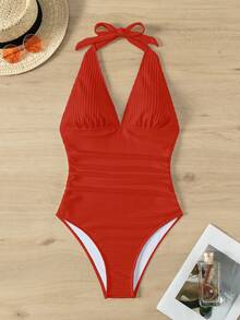 Swim Vcay Women's Summer Vacation Beach Ruched Neck Sexy One-Piece Swimsuit - Red - View 2