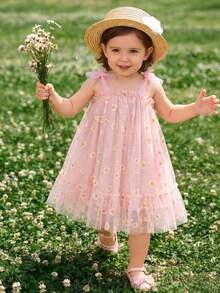 SHEIN Vintaside Kids 可爱优雅的女婴碎花网纱连衣裙，喇叭裙摆 - 粉色 - 查看 3