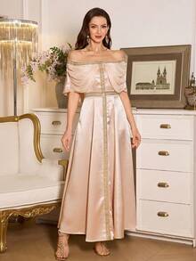 Selianne Women's Elegant Off-Shoulder Ruffle Decor Waist-Cinched A-Line Maxi Dress, Glossy Fabric Suitable For Banquet, Date, Party, Spring/Summer - Champagne - View 4