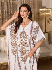 Elenzga 宽松优雅印花长袖连衣裙，欧式风格 - 彩色 - 查看 3