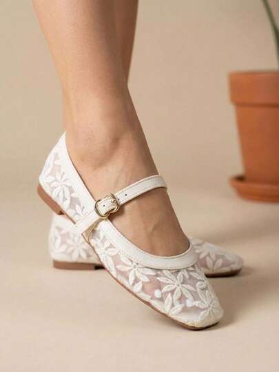 Elegantes balerinas blancas estilo Mary Jane, balerinas de moda de malla con bordado floral y hebilla para mujer, para ocasiones especiales, fiestas y eventos de San Valentin