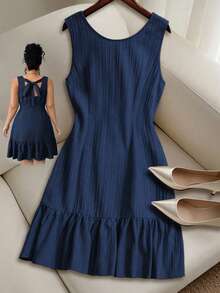 GlowEve CURVE Women's Woven Backless Tie Neck Sleeveless A-Line Ruffle Hem Casual Mini Dress, Suitable For Leisure, Vacation And Daily Wear Navy Blue Dress Ruffle Hem Dress Elegant Dress Dark Blue Dress Sleeveless Dress Navy Blue Elegant Dress Drop Waist Dress Peplum Dress - Navy Blue - View 1