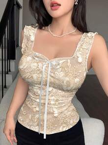Modelyn Áo hai dây ôm dáng, chất liệu ren, họa tiết hoa, có nơ, eo thon, thích hợp cho mùa hè, màu mơ. - Nhiều màu - Xem 3