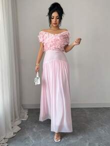 Elenzga Váy chữ A hở vai thanh lịch dành cho nữ, có chi tiết lưới, thắt eo, thích hợp cho các buổi hẹn hò, không tay, dài, màu hồng, đầu xuân - Hồng - Xem 6