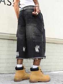 Manfinity EMRG Quần short denim đen nam kiểu dáng thường ngày, rách gấu. - màu đen - Xem 3