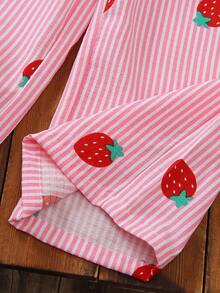 SHEIN 2pcs Young Girl SweetCute Princess Strawberry Print Sleeveless TopPants Set,Light Pink Summer Family Matching Striped 3D Embroidery Ruffle Collar - Pink - View 6