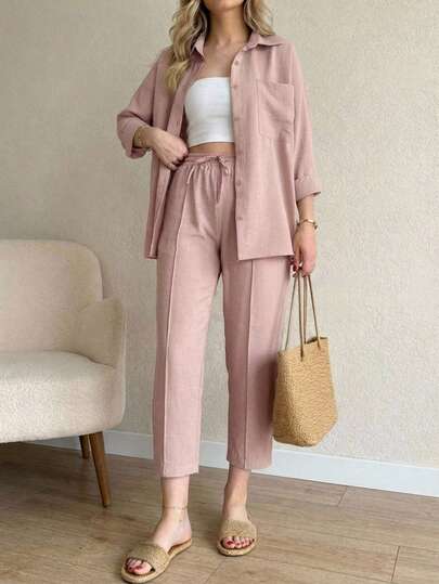 Conjunto Paquete Set 2 Piezas Dama Mujer Casual imitación lino camisa blusa oversize manga corta pantalón corte clásico pierna recta cintura elástica ajustable detalle Elegante corte clásico cómodo fresco ligero primavera verano playa calor diario día festival musica bohemio Conjunto dos piezas mujer, conjunto casual mujer, set camisa y pantalón, pantalón cintura elástica mujer, outfit cómodo mujer, conjunto color neutro, ropa casual elegante, conjunto ligero mujer.