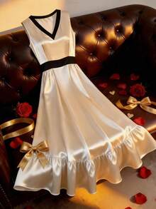 Franclia Women's Elegant Summer Cream And Black Color-Blocked Sleeveless Silky Long Dress,Pleated Hem Wedding Guest Party Dress,Aniversary Commuting Outfit - Champagne - View 2