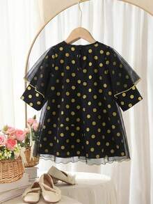 SHEIN فستان أنيق فاخر مع معطف طويل، مجموعة فستان طويل الأكمام من الشبك الأسود مع نقاط بولكا - متعدد الألوان - مشاهدة 2