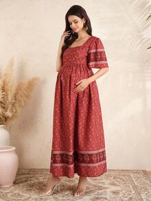 Momance Maternity Bohemian Print Ruffle Sleeve Casual Elegant Dress - Multicolor - View 5