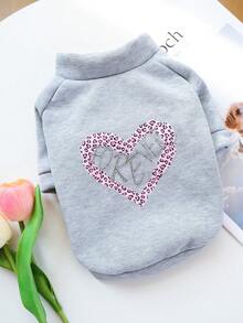 PETSIN 1pc Super Cute Gray Pet Clothing, Printed With Pink Leopard Print Heart Pattern And Sparkling "PRETTY" Rhinestone, Soft Pullover For Cats And Dogs - Grey - View 8
