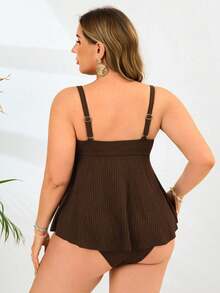 Swim Lushoire Conjunto de bikini de 2 piezas de talle alto en color negro sólido para mujer de talla grande, ropa de vacaciones minimalista - Marrón - Ver 2