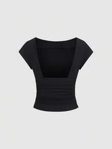 Sweetra Solid Color Round Neck Pleated Fitted Elegant Fashion Short Sleeve T-Shirt - Multicolor - View 5