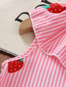 SHEIN 2pcs Young Girl SweetCute Princess Strawberry Print Sleeveless TopPants Set,Light Pink Summer Family Matching Striped 3D Embroidery Ruffle Collar - Pink - View 5