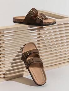SHUZIA #ComfortCraft Men's Double-Buckle Wide-Strap Cork-Footbed Premium Faux Leather Coffee Slide Sandals – Supportive, Minimal & Versatile Valentine's Day - Coffee Brown - View 6