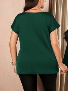 SHEIN Clasi Plus Size Solid Color Round Neck Pleated Elegant Short Sleeve Blouse - Dark Green - View 2