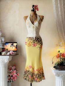 INAWLY Leopard & Floral Print Elegant Fashionable Bodycon Skirt - Yellow - View 1