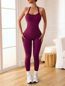 Slayform Seamless Knit Sexy Backless Halter Jumpsuit - Purple - View 4