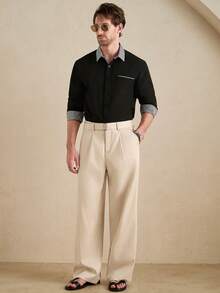 Core Aspect 男士休闲日常工作服简约纯色褶裥斜插口袋直筒裤配腰带/褶裥裤/米色裤/舒适男士宽松米色裤配腰带，打造日常风格/男士米白色纹理廓尔喀褶裥休闲裤 - 可调节侧扣，#廓尔喀裤 #纹理裤 男士阔腿裤 米色裤 - 米色 - 查看 6