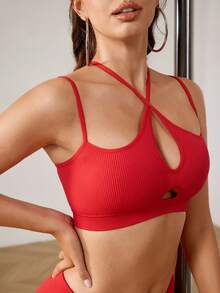 Menodora SHEIN Sport Menodora 女士纯色镂空交叉吊带背心，其他舞蹈服红色运动文胸 - 紅色 - 查看 5