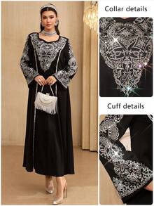 Layrah Elegant & Luxurious Black Beaded & Rhinestone Sweetheart Neck Flare Sleeve Dress, Spring/Summer  Modest Full Length Jalabiya, Casual Long Sleeve Maxi Dress - Black - View 5