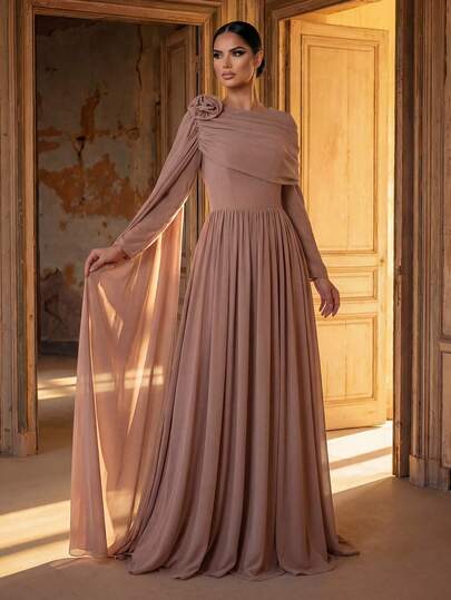 Glamrae Elegant pärlklänning i chiffong med draperad krage och långärmad skarv, extra lång, kaskadfylld volang på axeln, 3D-blommig axel, överdimensionerad A-linjekjol, lämplig för bröllop, alla formella tillfällen, brudtärneklänning