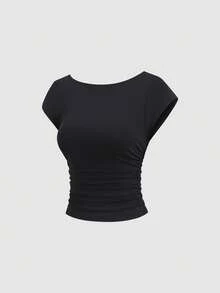 Sweetra Solid Color Round Neck Pleated Fitted Elegant Fashion Short Sleeve T-Shirt - Multicolor - View 6