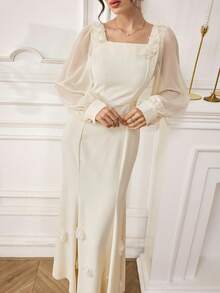 Modelyn 优雅方领3D立体印花杏色连衣裙，适合外出穿着 - 杏色 - 查看 5