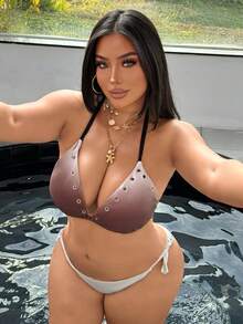 SHEIN Swim 大码女士露背渐变金属色比基尼上衣，适合海滩度假 - 彩色 - 查看 6