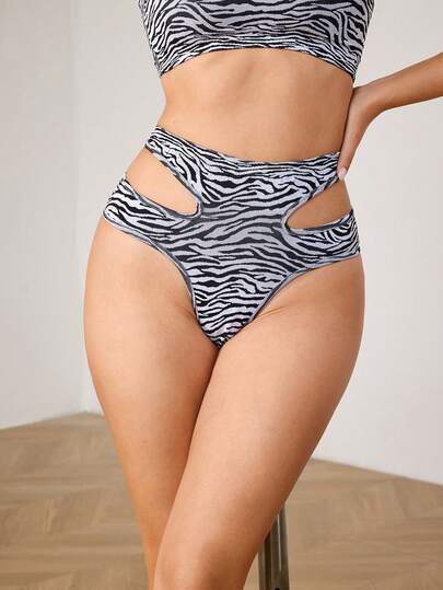 Menodora SHEIN Sport 女士时尚弹力性感斑马纹侧镂空舞蹈裤