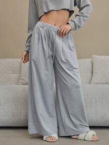 SHEIN 女士休闲纯色抽绳腰宽松阔腿家居裤 - 淺灰色 - 查看 5