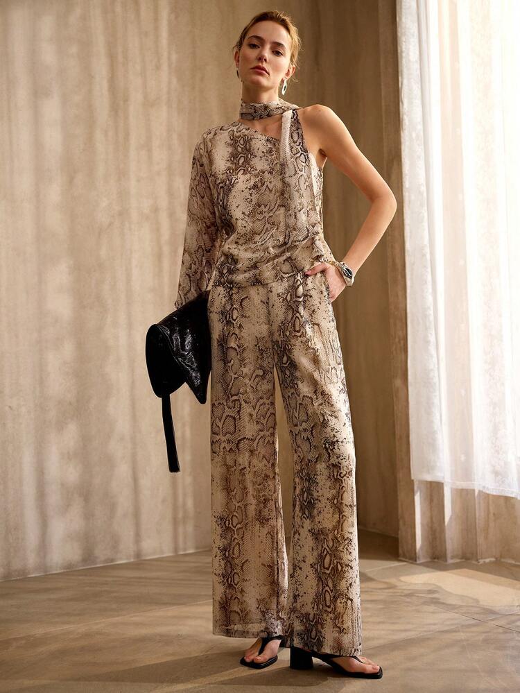 LIGHTWEIGHT CHIFFON WIDE LEG PANTS WITH FAUX SNAKE SKIN PRINT, ANIMAL PRINT, VINTAGE STYLE