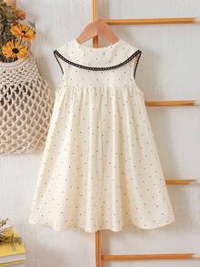 SHEIN 女童休闲波点连衣裙，饰有可爱蝴蝶结蕾丝边，方领开襟设计，适合日常休闲、度假、通勤等场合，尽显优雅气质。 - 杏色 - 查看 2