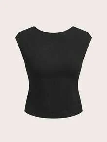 Aloruh 小巧性感款95%棉蕾丝拼接短袖T恤，露背短款上衣，适合春夏、派对、海滩穿着 - 黑色 - 查看 4