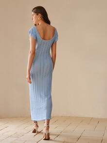 MOTF PREMIUM RUFFLED HEM ELEGANT V-NECK KNIT DRESS, SEXY BACKLESS SLIM FIT DRESS - Blue - View 3