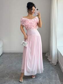 Elenzga Váy chữ A hở vai thanh lịch dành cho nữ, có chi tiết lưới, thắt eo, thích hợp cho các buổi hẹn hò, không tay, dài, màu hồng, đầu xuân - Hồng - Xem 7