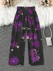 Breezaya 女士休闲优雅印花系带腰裤 - 紫色 - 查看 2