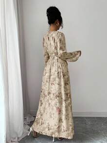 Modelyn 女士夏季雪纺蝴蝶印花褶皱圆领长袖连衣裙 - 卡其色 - 查看 3