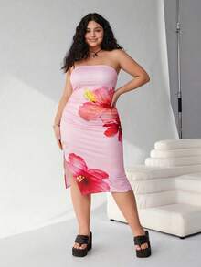 SHEIN EZwear 大码女士情人节印花抹胸优雅连衣裙 - 粉色 - 查看 5