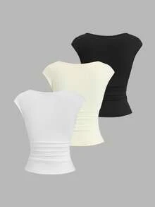 Sweetra 女士纯色三件套，欧美时尚，金属装饰扭结不对称领，修身剪裁，休闲日常，约会通勤皆宜，百搭T恤，春夏款 - 彩色 - 查看 2