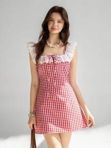 Ardnt 复古红色格子甜美蕾丝领修身休闲通勤连衣裙，女士夏季 - 酒紅色 - 查看 5