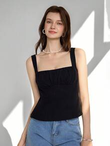 Ardnt Áo hai dây cổ vuông phong cách Pháp cổ điển tối giản, ôm eo, kiểu dáng thon gọn, món đồ không thể thiếu trong mùa hè, thiết kế đơn giản và đa năng. - màu đen - Xem 5