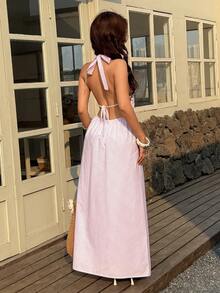 Sunnyshic 蓝白条纹深V领露背系带A字无袖连体连衣裙，优雅性感可爱，适合度假、海滩、通勤、派对、日常穿着、约会，春夏秋季皆宜。 - 粉色 - 查看 2