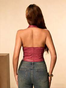 Glamine Fashionable Sexy Backless Halter Neck Fitted Leather Jacket Corset Top Leather Top Leather Corset Top Halter Neck Top Bohochic Halter Neck With Fishbone Design For 3D Waist Shaping - Brown - View 2