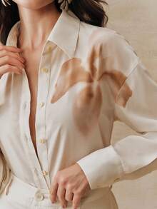 Anewsta 春夏沙滩套装，低饱和度扎染简约印花杏色长袖上衣和裤子两件套，休闲度假 - 杏色 - 查看 5